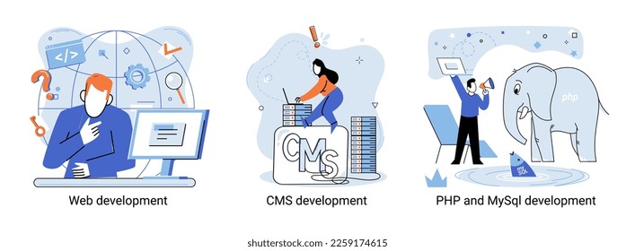 Website architecture concepts metaphor. Web development, PHP and MySQL, CMS, interface design, software testing. Creation digital Software mobile, desktop platforms. Digital content management system