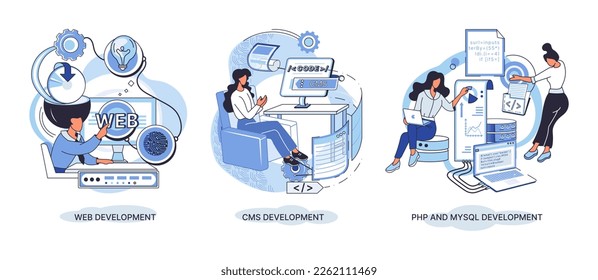 Website architecture concepts metaphor. Web development, PHP and MySQL, CMS, interface design, software testing. Creation digital Software mobile, desktop platforms. Digital content management system