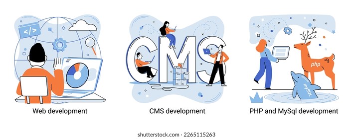 Website architecture concepts metaphor. Web development, PHP and MySQL, CMS, interface design, software testing. Creation digital Software mobile, desktop platforms. Digital content management system