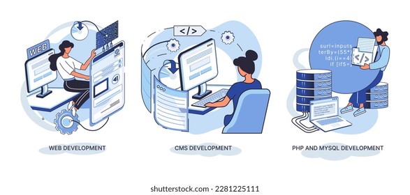 Website architecture concepts metaphor. Web development, PHP and MySQL, CMS, interface design, software testing. Creation digital Software mobile, desktop platforms. Digital content management system