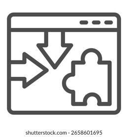 Website mit Pfeilen und Puzzleteil-Linie Symbol, osint analytics Konzept. Vektorgrafiken. Browser-Plugin-Beispiel, Datenschutzschild auf weißem Hintergrund, Umrissstil-Symbol für mobiles oder Web-Design