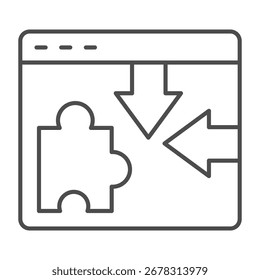 Website with arrows and puzzle piece thin line icon, osint analytics concept. Vector graphics. Browser plugin sample, privacy sign on white background, outline style icon of mobile or web design