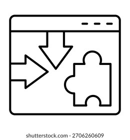 Website with arrows and puzzle piece thin line icon, osint analytics concept. Vector graphics. Browser plugin sample, privacy sign on white background, outline style icon of mobile or web design