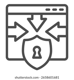 Site e setas em escudo com ícone de linha de buraco de fechadura, conceito de análise pontual. Gráficos vetoriais. Bloqueio de privacidade, sinal de segurança no fundo branco, ícone de estilo da estrutura de tópicos para design móvel ou web
