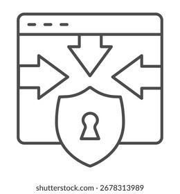 Website and arrows at shield with keyhole thin line icon, osint analytics concept. Vector graphics. Privacy lock, safety sign on white background, outline style icon for mobile or web design