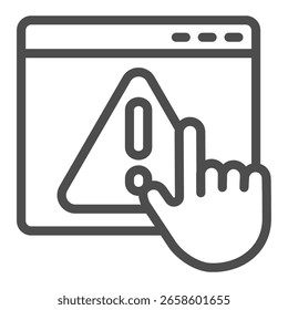 Website with attention triangle and hand line icon, info tech concept. Vector graphics. Warning page and hand pointer sign on white background, outline style icon for mobile or web design