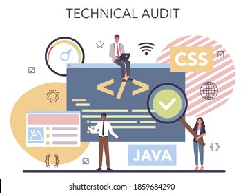 Website audit concept. Web page analysis of website's visibility in search engines. SEO audit, web data analytics. Isolated flat vector illustration