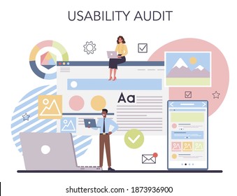 Concepto de auditoría de sitios web. Análisis de páginas web de la visibilidad del sitio web en los motores de búsqueda. auditoría SEO, análisis de datos web. Ilustración vectorial plana aislada