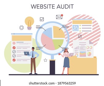 Website audit concept. Web page analysis of website's visibility in search engines. SEO audit, web data analytics. Isolated flat vector illustration