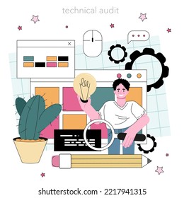 Website audit concept. Web page analysis, website's visibility in search engines. SEO, UI test, technical and content audit. Flat vector illustration