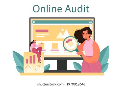 Website audit online service or platform. Web page analysis of website's visibility in search engines. Web data analytics. Online audit. Isolated flat vector illustration