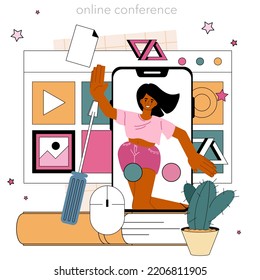 Website audit online service or platform. Web page visibility analysis. SEO, UI test, technical and content audit. Online conference. Flat vector illustration