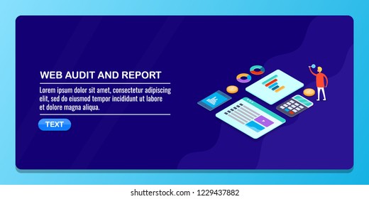 Website audit report, SEO analysis and audit, web traffic flat isometric vector banner