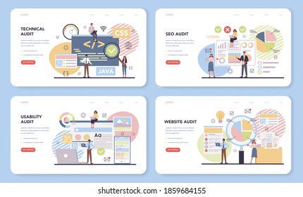 Website audit web banner or landing page set. Web page analysis of website's visibility in search engines. SEO audit, web data analytics. Isolated flat vector illustration