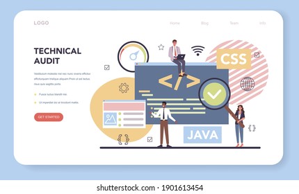Website-Audit-Web-Banner oder Landing-Seite. Webseitenanalyse der Sichtbarkeit der Website in Suchmaschinen. SEO-Audit, Web-Datenanalyse. Einzelne flache Vektorgrafik