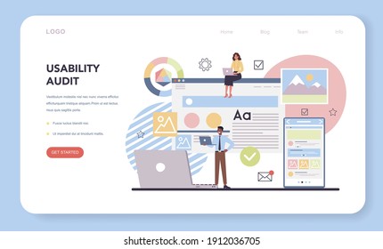 Website audit web banner or landing page. Web page analysis of website's visibility in search engines. SEO audit, web data analytics. Isolated flat vector illustration
