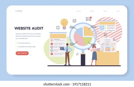 Website audit web banner or landing page. Web page analysis of website's visibility in search engines. SEO audit, web data analytics. Isolated flat vector illustration