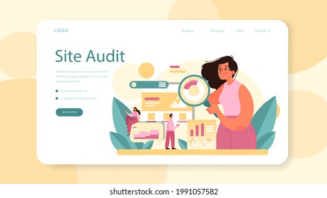 Banner web de auditoría de sitios web o página de inicio. Análisis de páginas web de la visibilidad del sitio web en los motores de búsqueda. auditoría SEO, análisis de datos web. Ilustración vectorial plana aislada