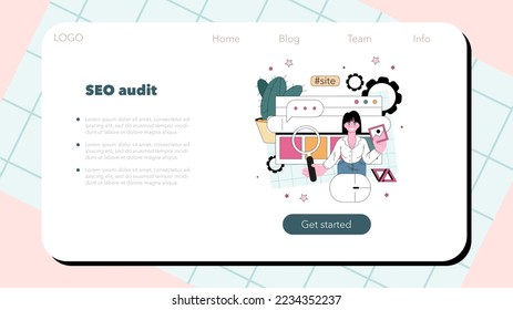 Website audit web banner or landing page. Web page analysis, website's visibility in search engines. SEO, UI test, technical and content audit. Flat vector illustration