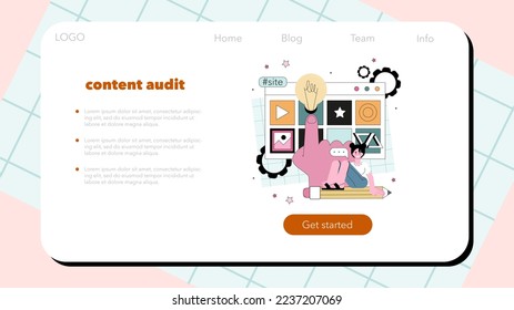 Banner web de auditoría de sitios web o página de inicio. Análisis de páginas web, visibilidad del sitio web en motores de búsqueda. SEO, prueba de interfaz de usuario, auditoría técnica y de contenido. Ilustración vectorial plana