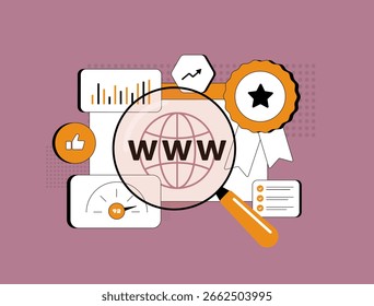 Website authority audit with domain rating, backlink quality and SEO score tracking. Website authority audit for improving seo search ranking and web domain online visibility vector illustration