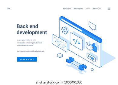 Website of back end interface development in isometric style