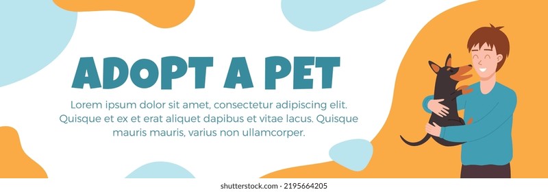 Website banner about adopt pet flat style, vector illustration. Smiling young boy holds and hugs happy dog, colorful design with red and blue abstract shapes, place for text