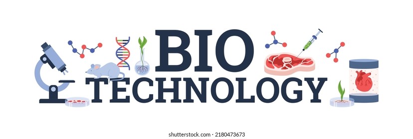Website banner about bio technology flat style, vector illustration isolated on white background. Huge words, microscope, genes and molecules, modification of animals and plants