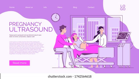 Website banner about the health of mother and child in the perinatal period. Pregnant wife and husband at the consultation of the doctor of ultrasound diagnosis. Ultrasound of the fetus. 