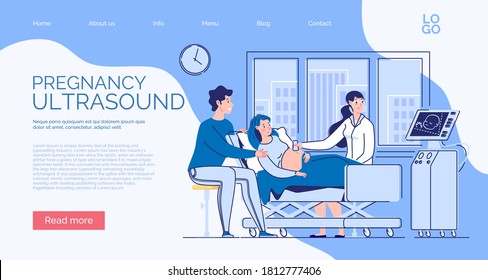 Website banner about the health of mother and child in the perinatal period. Pregnant wife and husband at the consultation of the doctor of ultrasound diagnosis. Ultrasound of the fetus. The doctor sh