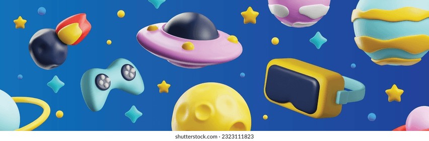 Website banner about metaverse 3D style, vector illustration. Planets, space VR travel, decorative design. Metaverse and modern technologies, virtual reality glasses and joystick