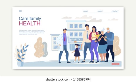 Página de caricatura de Salud Familiar de Banner en el Sitio Web. Manifestación de diferentes generaciones que la clínica está lista para cuidar, desde el bebé hasta el anciano. Independientemente De La Edad, Todos Los Miembros De La Familia Reciben Atención Médica De Calidad.