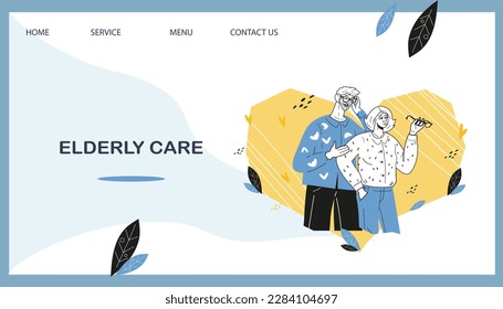 Website banner of care and support for elderly people, medical and health insurance and care of well-being of elderly, flat vector illustration.