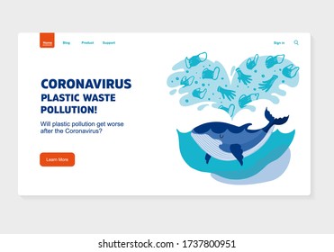 Website banner Coronavirus plastic waste pollution! Web template. Vector flat illustration. A whale swims in sea with garbage - in water are face masks; latex gloves; medical waste after COVID-19