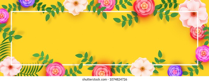 Website banner decorated with beautiful flowers on yellow background, space for your text.