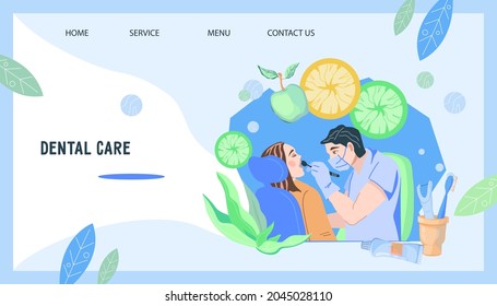 Website banner with dentist and patient undergoing dental health checkup. Web page template for dental clinic. Tooth health and oral hygiene medical services, flat vector.