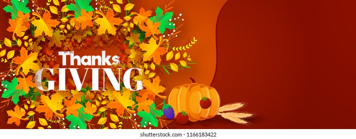 Website banner design with illustration of pumpkin, grains and bunch of maple leaves with paper text Thanksgiving on brown background.