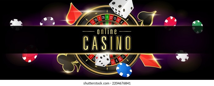 Website banner design for online casino gambling. Background poster to advertising games roulette, poker chips and playing cards flying. 3D realistic vector illustration.