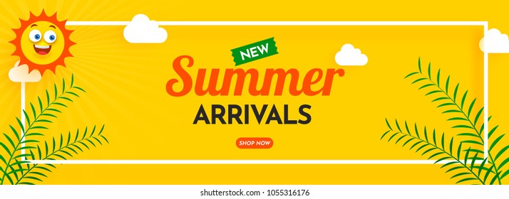 Website banner design with text Summer Arrivals, Happy Sun and Leafs. 
