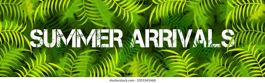 Website banner design with text Summer Arrivals, and green leafs.