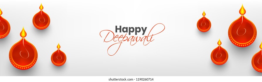 Website banner design, top view of illuminated lit oil lamps on white background for Happy Deepawali celebration.