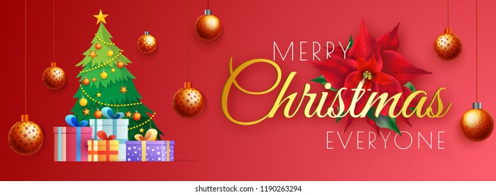 Website banner design with xmas tree and gift boxes on red background decorated with hanging bauble for Merry Christmas celebration.