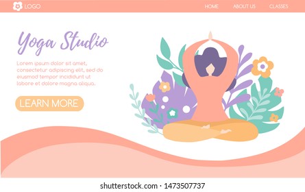 Website banner design for Yoga studio promotion with Learn more button. Yogi woman meditating in the Lotus pose. Cute flat female character and decorative plants, bright leaves and doodle flowers. 