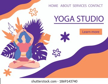 Website banner design for Yoga studio promotion with Learn more button. Yogi woman meditating in the Lotus pose. Cute flat female character and decorative plants, bright leaves and doodle flowers.