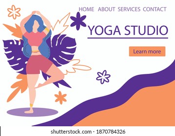 Website banner design for Yoga studio promotion with Learn more button. Yogi woman meditating. Cute flat female character and decorative plants, bright leaves