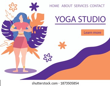 Website banner design for Yoga studio promotion with Learn more button. Yogi woman meditating. Cute flat female character and decorative plants, bright leaves