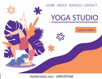 Website banner design for Yoga studio promotion with Learn more button. Yogi woman meditating. Cute flat female character and decorative plants, bright leaves