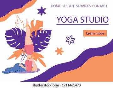 Website banner design for Yoga studio promotion with Learn more button. Yoga woman meditating. Cute flat female character with decorative plants, bright leaves