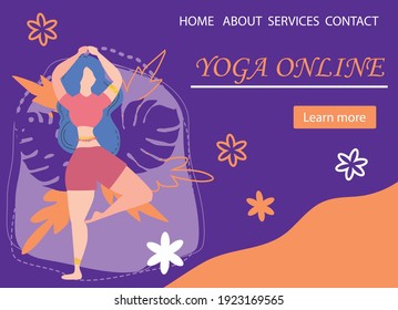 Website banner design for Yoga studio promotion with Learn more button. Yogi woman meditating in the Lotus pose. Cute flat female character and decorative plants, bright leaves and doodle flowers.