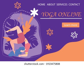 Website banner design for Yoga studio promotion with Learn more button. Yogi woman meditating in the Lotus pose. Cute flat female character and decorative plants, bright leaves and doodle flowers.